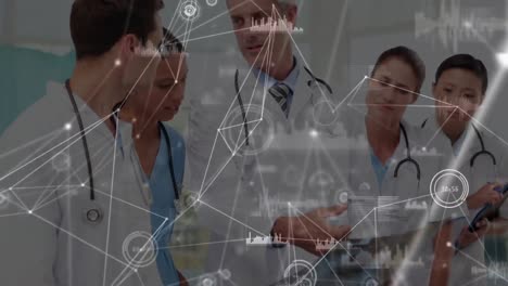 Animation-of-network-of-connections-with-icons-over-diverse-doctors