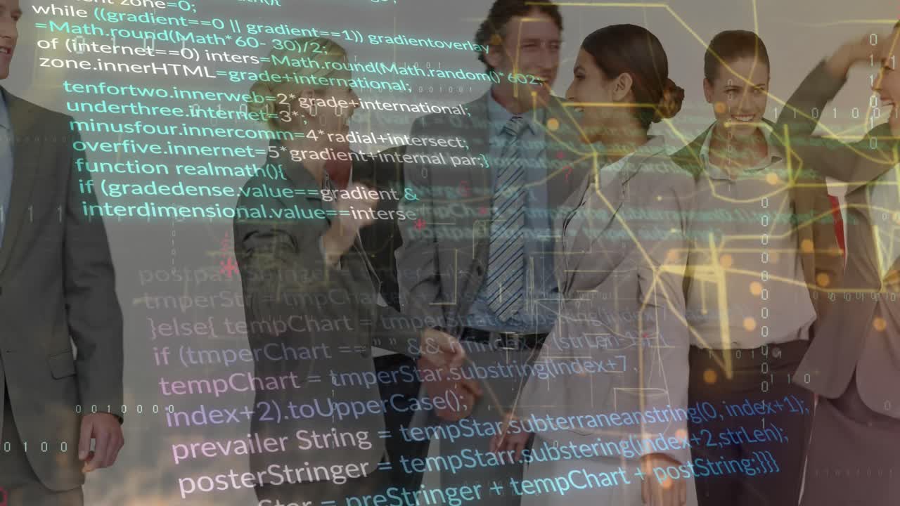 Animation of computer language, navigation pattern over diverse businesspeople broke free from tape