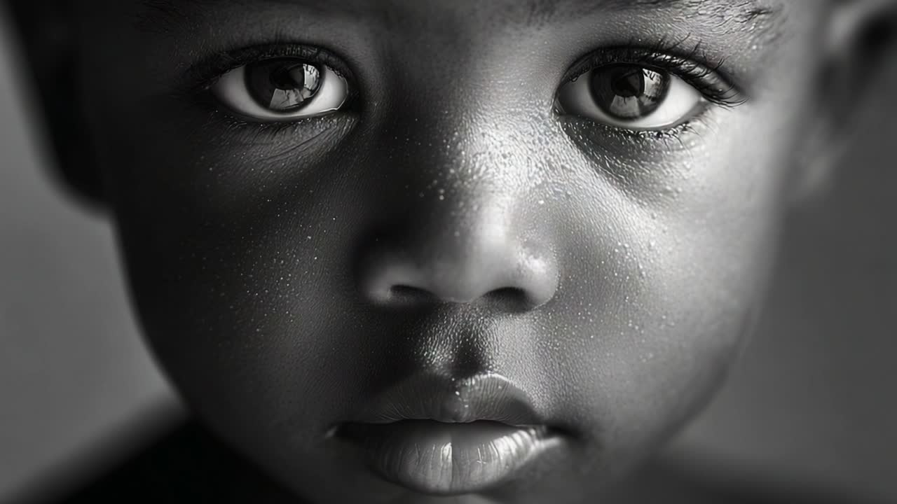 Stunning Close-Up Portrait of a Young Child Capturing Innocence and Emotions in Every Detail, Highlighting Expressive Eyes and Unique Features in Striking Black and White Photography