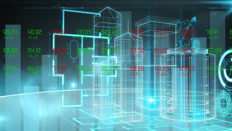 Animation-Der-Datenverarbeitung-Und-Statistikaufzeichnung-über-3D-Architektenplänen