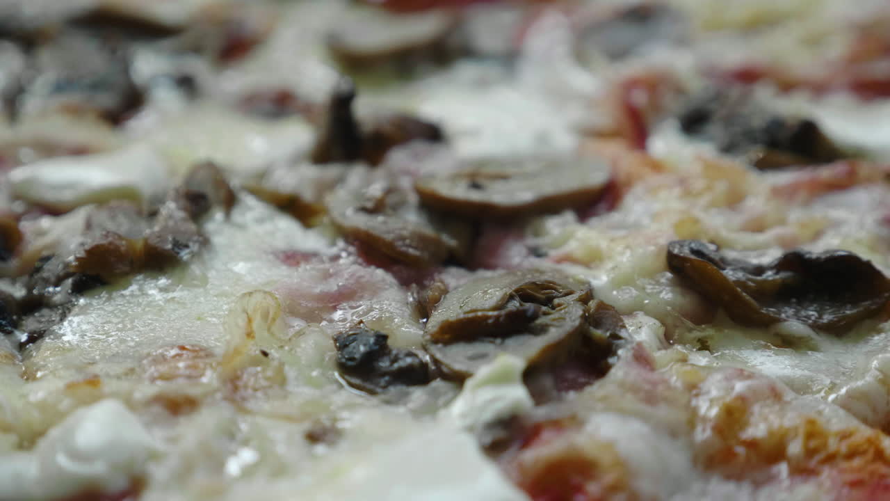Close up shot of delicious, mouth watering ingredients on a authentic Italian pizza