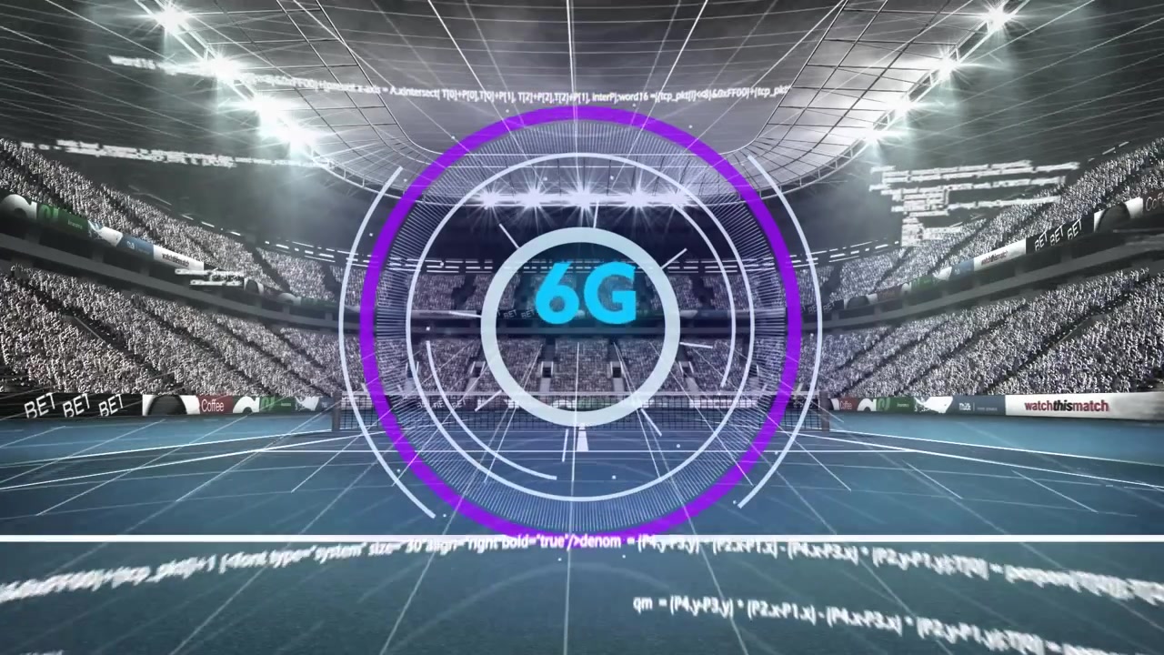 Animação de processamento de dados sobre um estádio desportivo.
