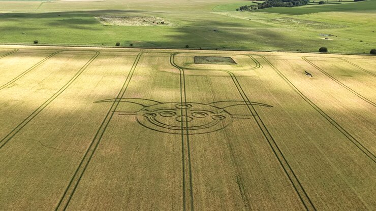 Aerial view rising above Stonehenge jester crop circle as cloud shadows pass over golden farmland