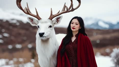 a woman in a red dress standing next to a white deer