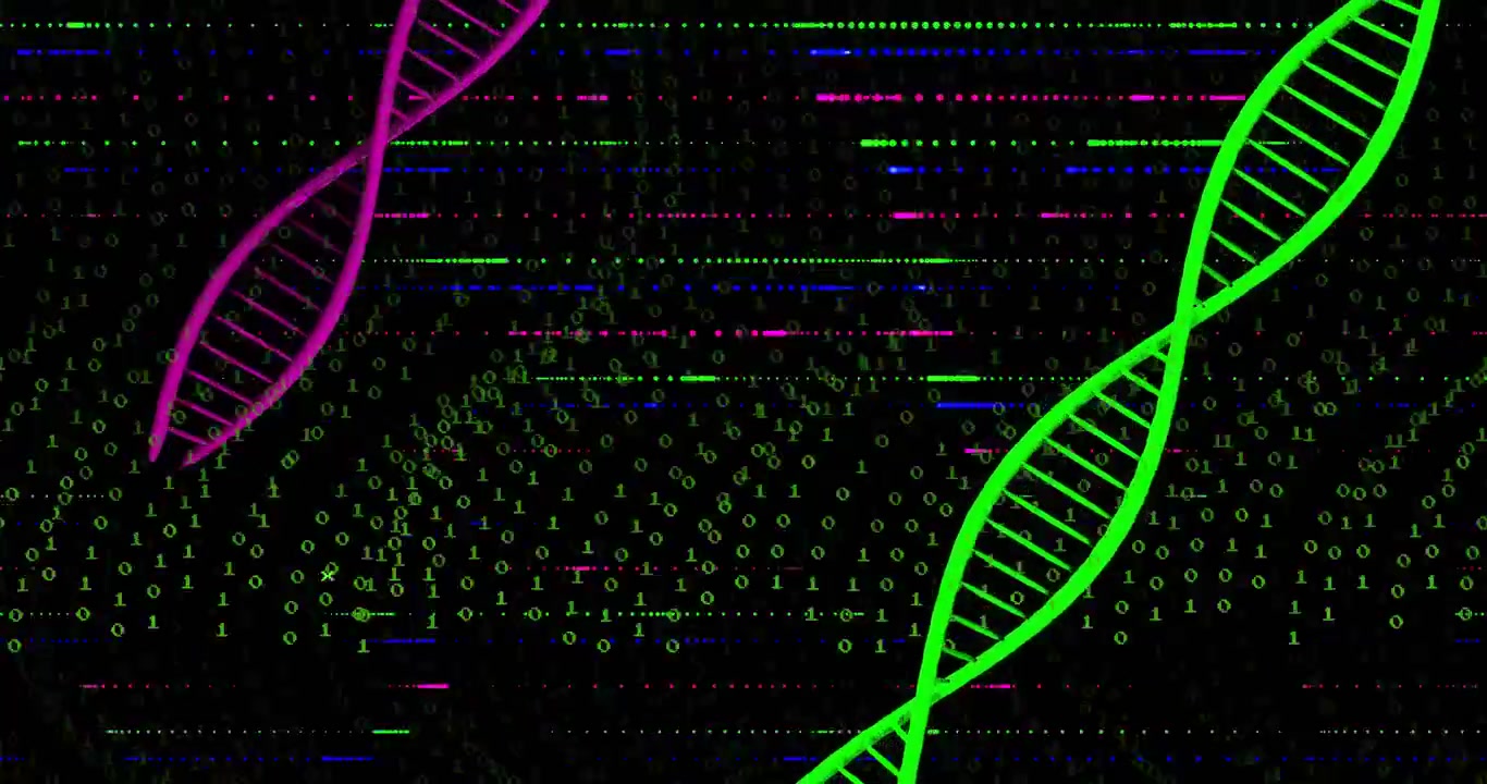 On glitch sweep, green helix pulsing and drifting, magenta helix tilting, binary waves showing data