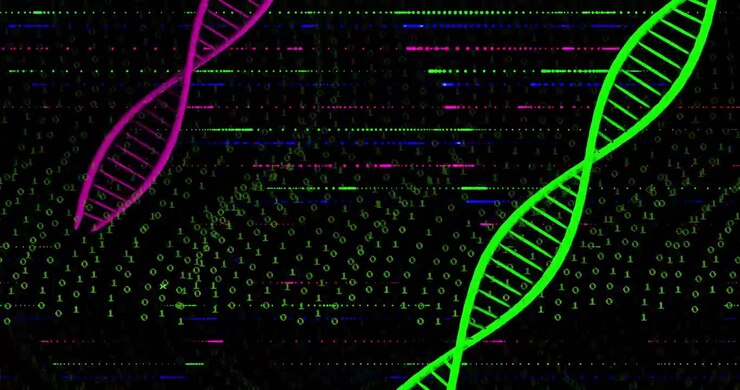 Tijdens een glitch-effect, groene helix die pulseert en zweeft, magenta helix die kantelt, binaire golven die gegevens tonen