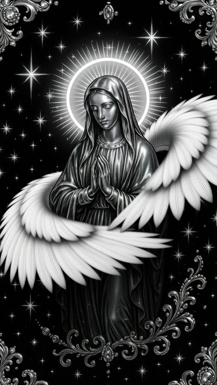 A celestial-themed video concept featuring a divine figure surrounded by stars and a halo