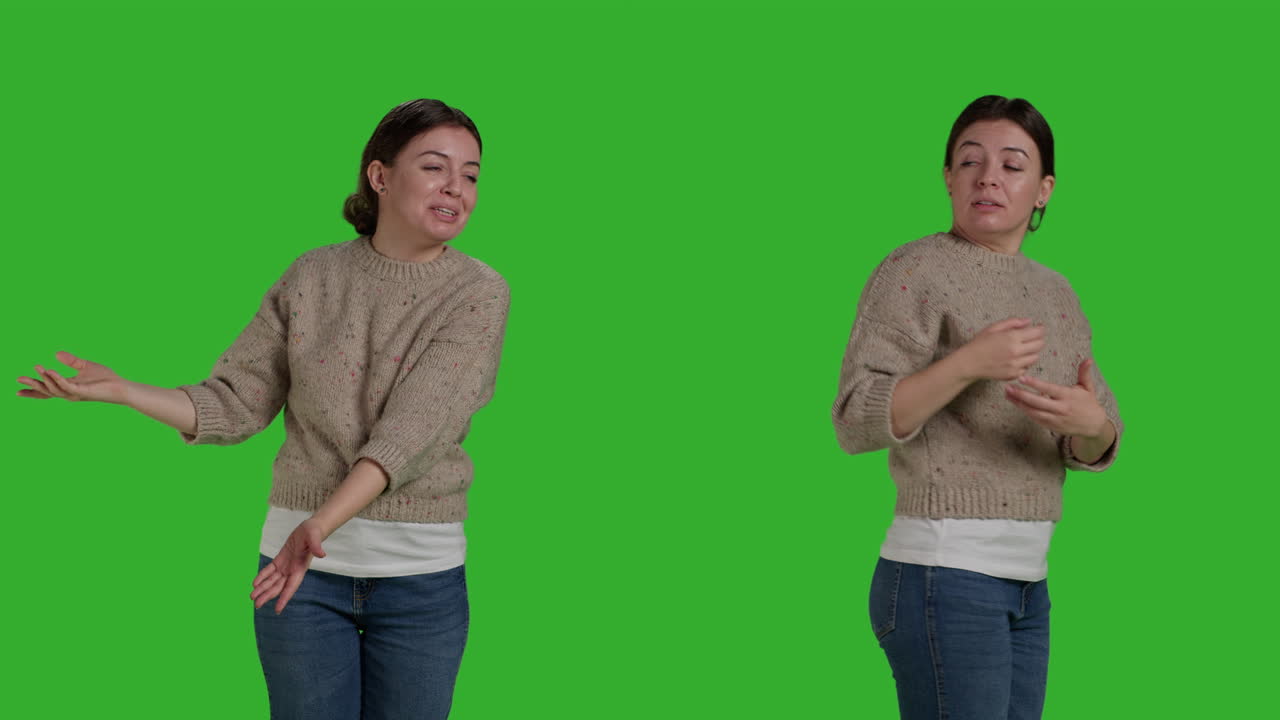 Woman gesturing on green screen