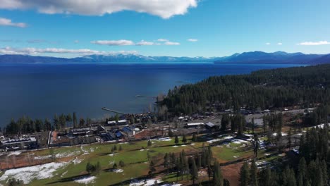 drone shot panning left of downtown tahoe city on a perfect day