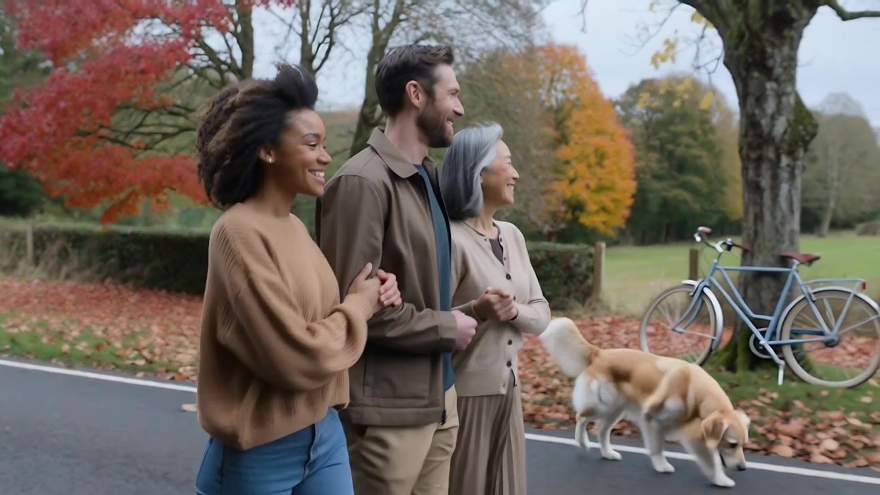 Trio a passear no outono, de braços dados e sorrindo enquanto a câmera grava, com um cão e uma bicicleta.