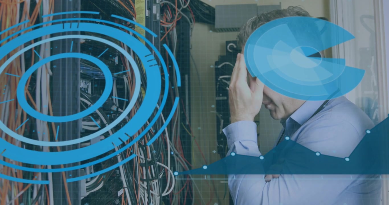 Animation of scope scanning and data processing over caucasian it man computer server