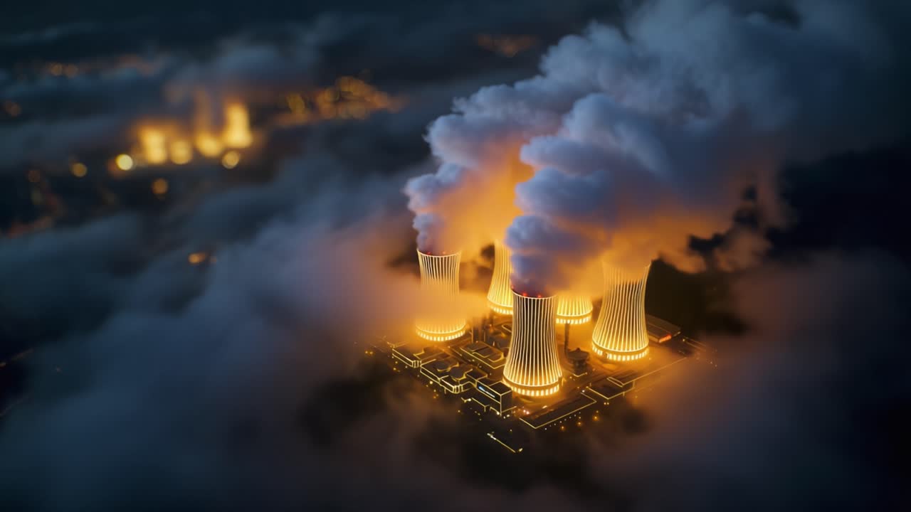 Aerial View of Power Plant with Emitting Smoke and Brightly Lit Cooling Towers Surrounded by Fog Offering an Insight into Industrial Energy Generation