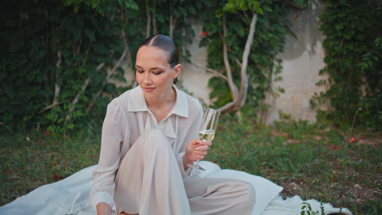 여름 피크닉에서 좋아하는 책을 꿈꾸는 여자. 와인 글래스를 들고 있는 행복한 소녀