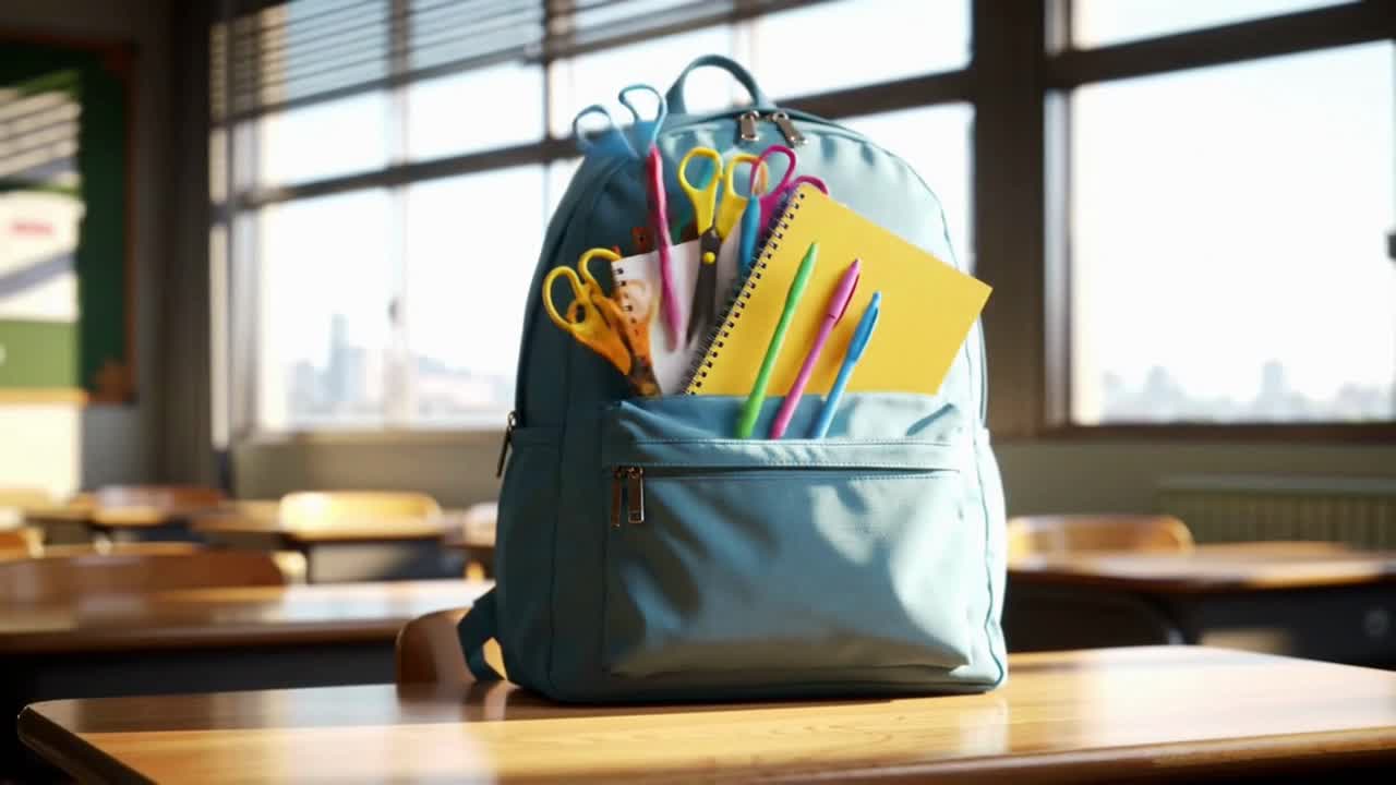 Light Blue Backpack on a Desk in an Empty Urban Classroom