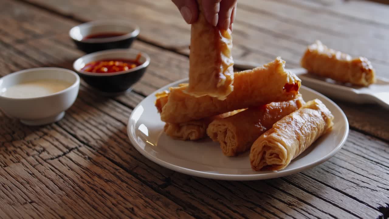 Close-up, sudut rustic dari kue kering renyah di atas piring dengan saus cocol