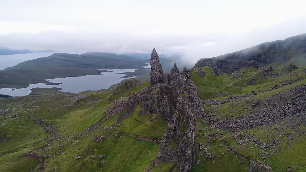 the old man of storr seen from the drone. The volcanic site is one of the most visited on the scottish isle of skye