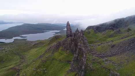 the old man of storr seen from the drone. the volcanic site is one of the most visited on the scottish isle of skye