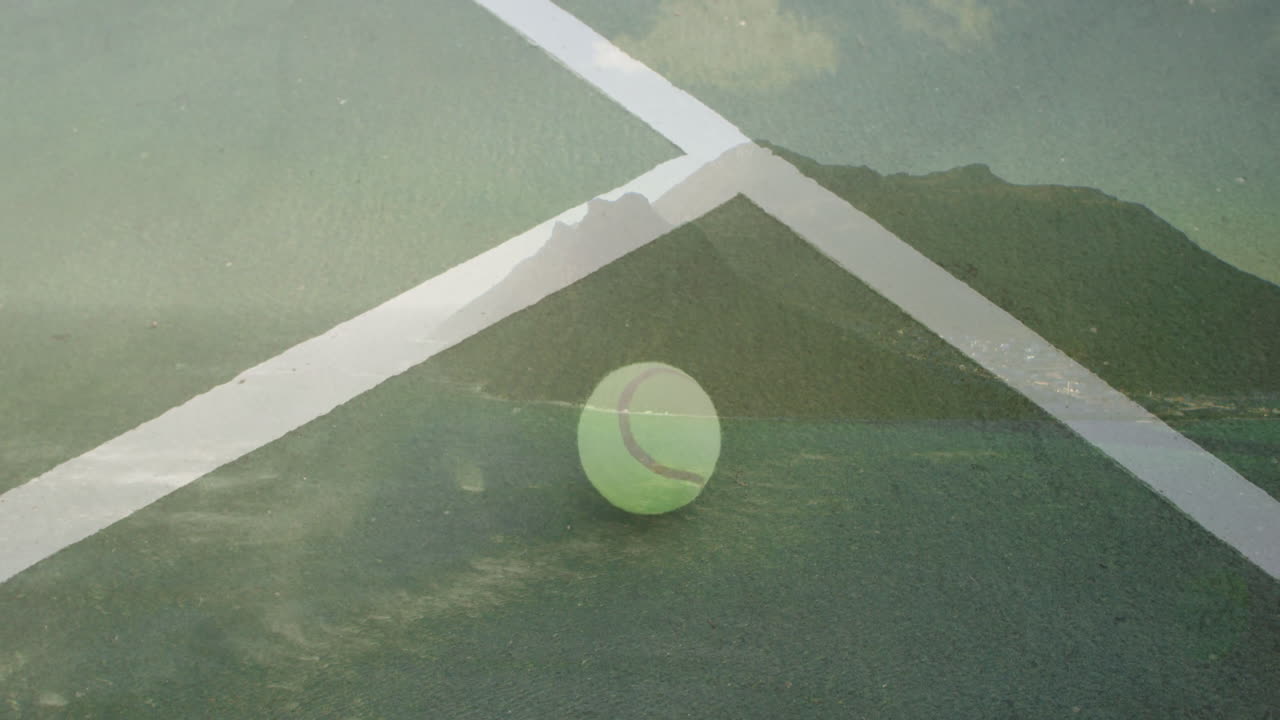 Tennis ball being shown resting on green court surface, featuring crisp white lines in flat design