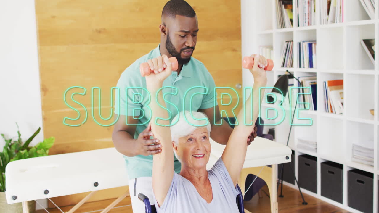 In school animation, elderly woman exercising with dumbbells assisted by trainer