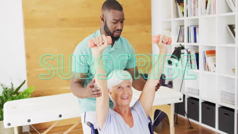 in school animation, elderly woman exercising with dumbbells assisted by trainer