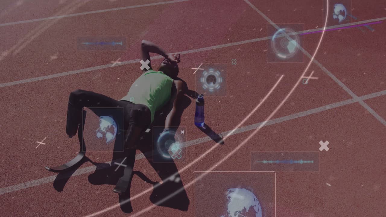 animación del procesamiento de datos digitales sobre un atleta masculino discapacitado con cuchillas de correr en la pista de carreras