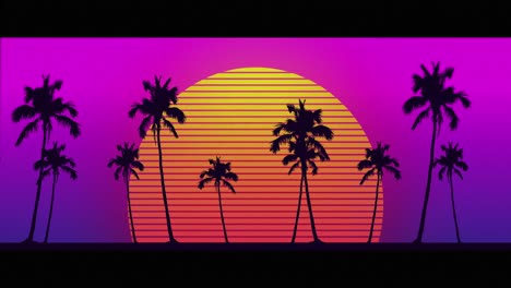 Animation-of-palm-trees-moving-over-glowing-yellow-to-orange-sun-on-purple