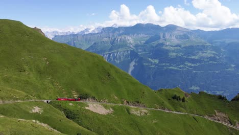 a train on a mountain track in switzerland is driving down from brienzer rothorn in the stunning surroundings of the mountain of the alps of europe on a clear blue day, close to lake brienz