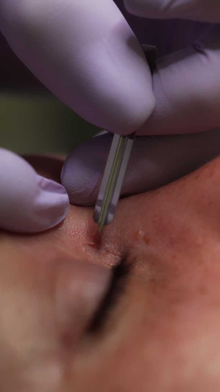 Beauty specialist uses sharp tool to open the pores of a client. Then blackhead removal is applied. Extreme close up. Vertical video