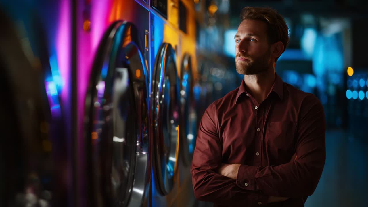 A thoughtful moment captured in a modern laundromat, showcasing a man gazing at the vibrant and colorful washing machines, immersed in reflection amid the luminous ambiance and intriguing atmosphere