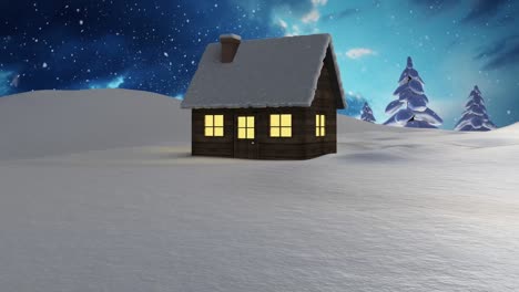Snow-falling-over-winter-landscape-with-house-and-trees-against-night-sky