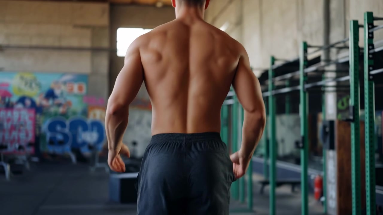 Una vista posteriore mostra un giovane adulto a torso nudo che si allontana attraverso una palestra ricavata da un magazzino, schiena e spalle muscolose evidenziate dalla luce di una finestra alta, passo fermo, braccia che oscillano, con uomo, maschio