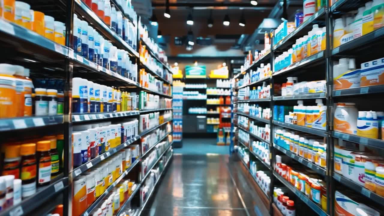 Pharmacy Shelves Filled with Medicine and Products