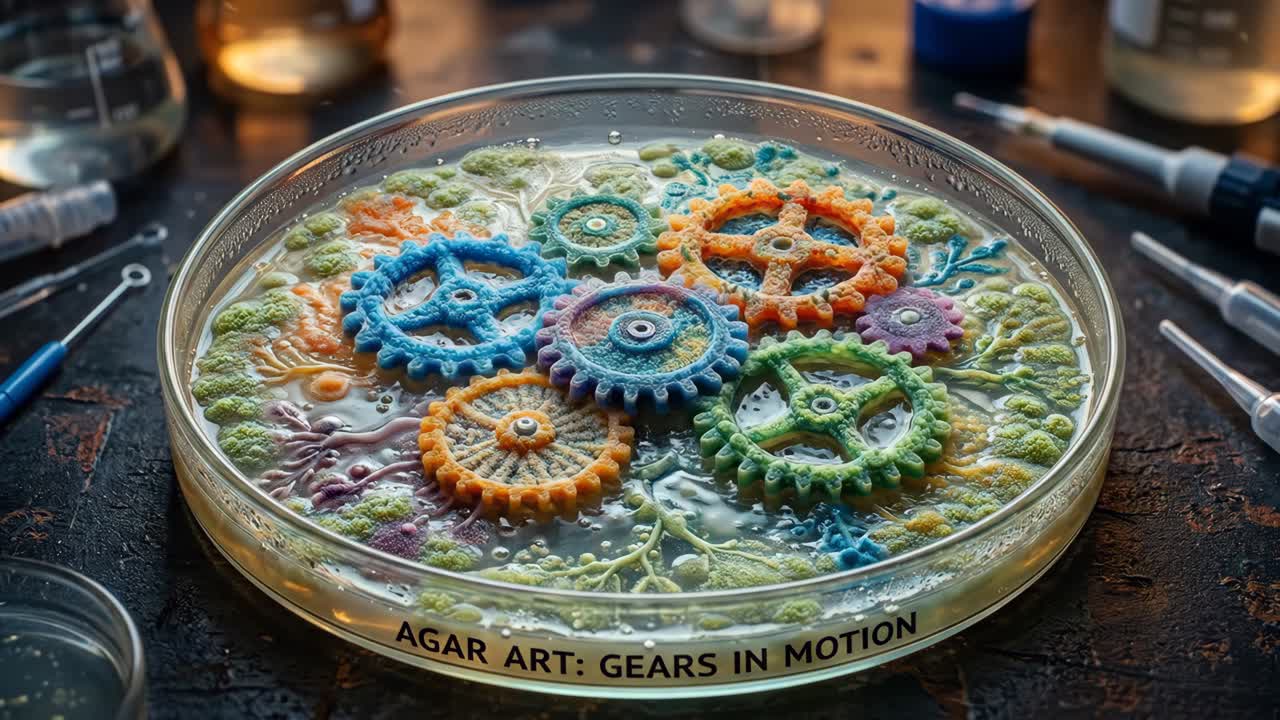 Ingranaggi microbici colorati che crescono in una capsula di Petri
