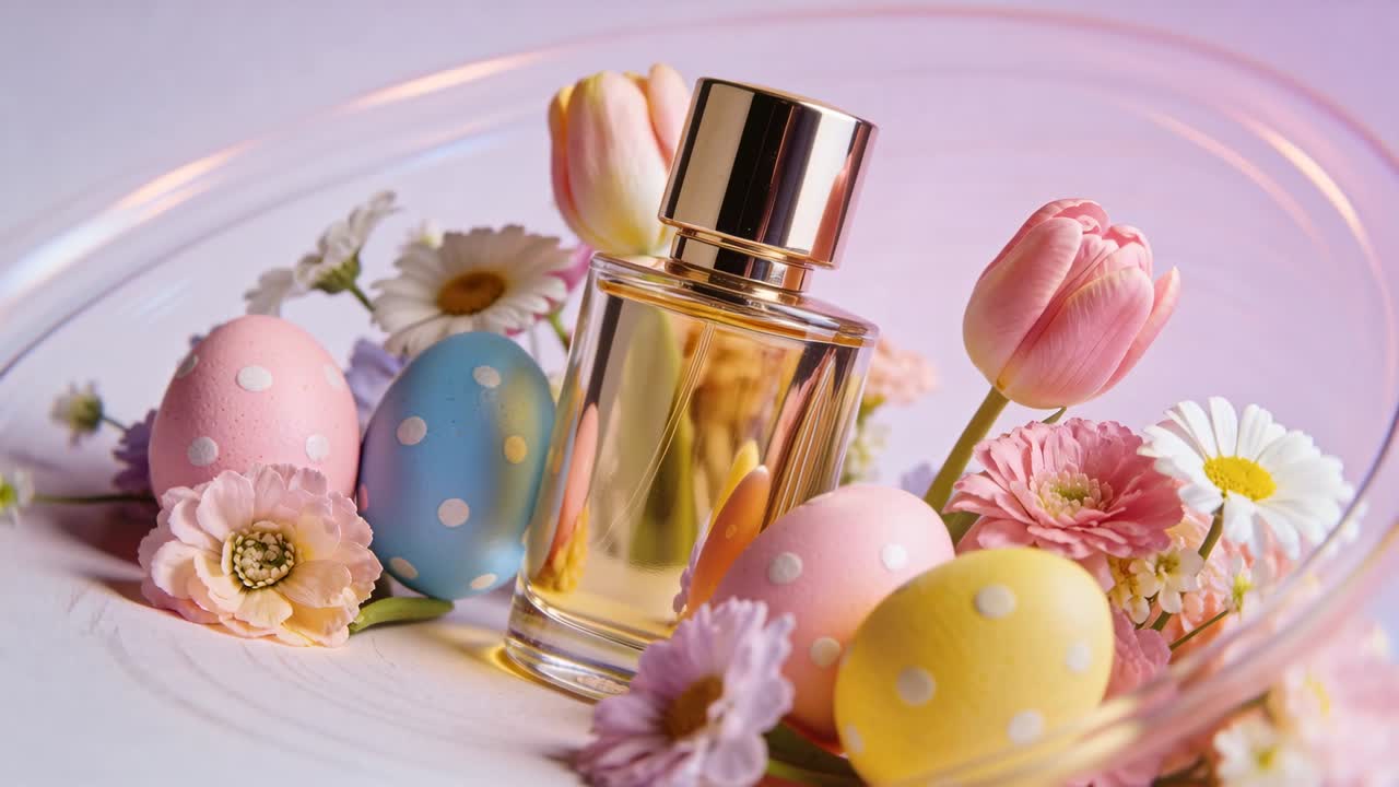 Flacone di profumo in una ciotola di vetro con uova pastello, telecamera e illuminazione che creano riflessi mutevoli per la bellezza.