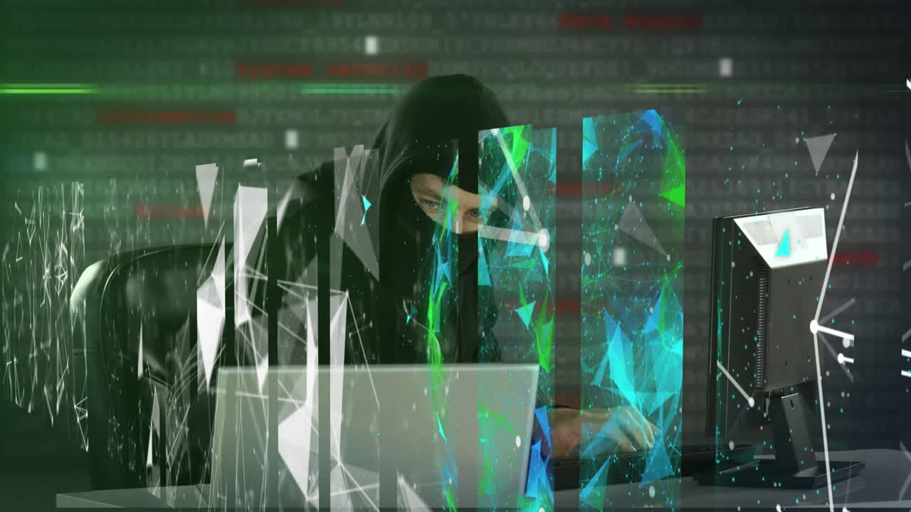 animación de procesamiento de datos y formas sobre hacker masculino caucásico
