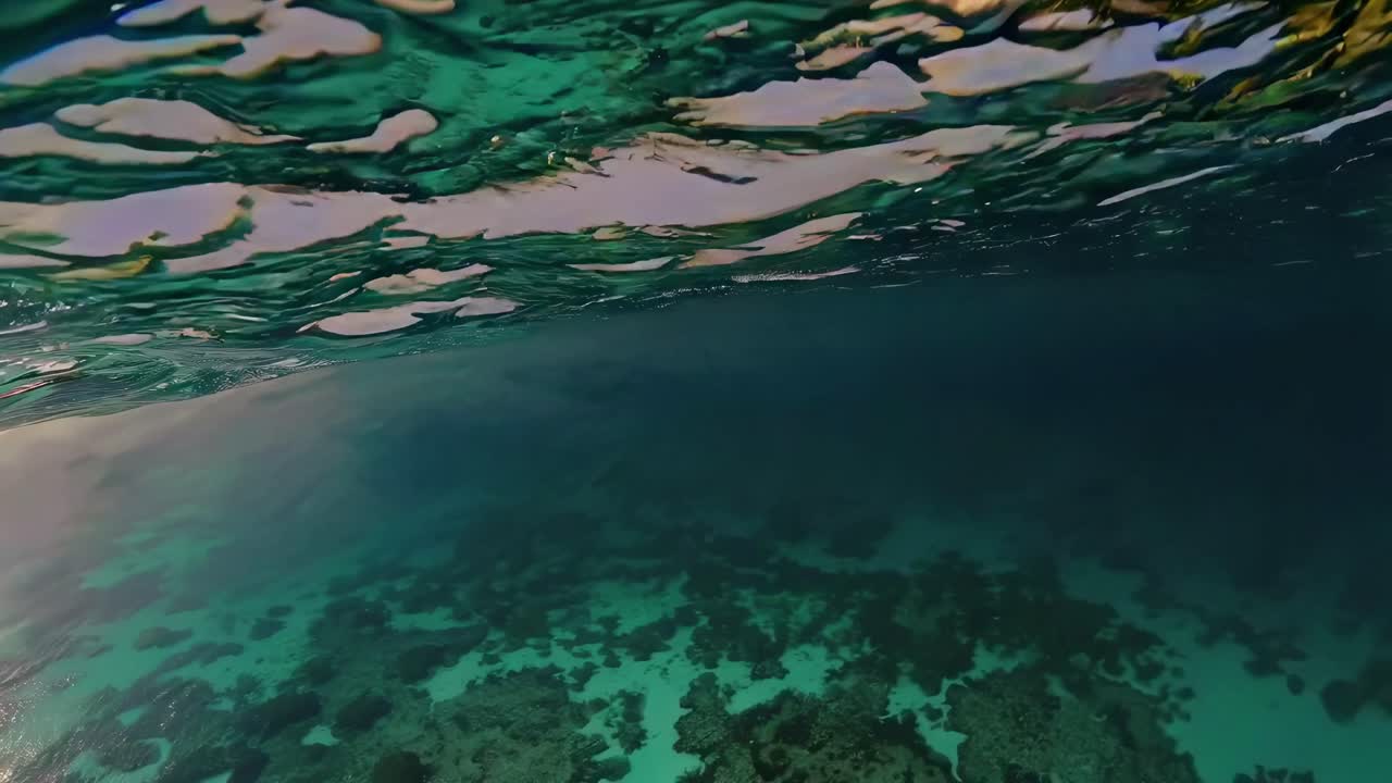 Underwater video shot capturing dynamic waves from a low angle, showcasing vibrant blues