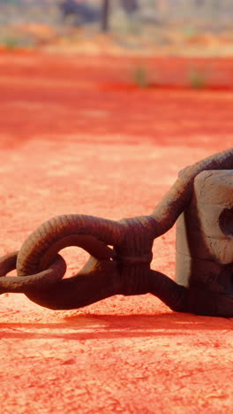 a rusty metal hook on a vibrant red dirt road