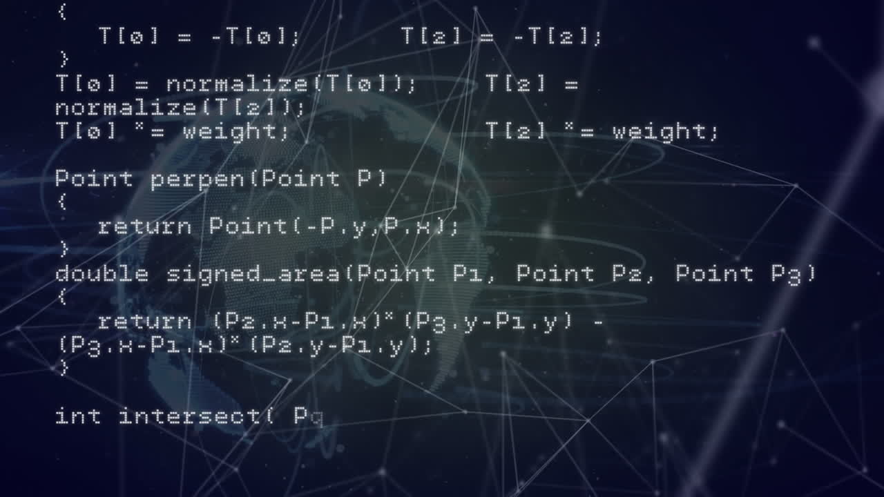 Animation of networks of connections, globe and data processing over black background