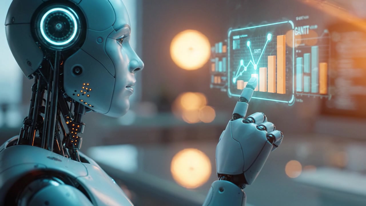 Futuristic Robot Analyzing Data on a Transparent Screen with Visual Graphs and Charts, Emphasizing Advanced Technology and Artificial Intelligence in Action