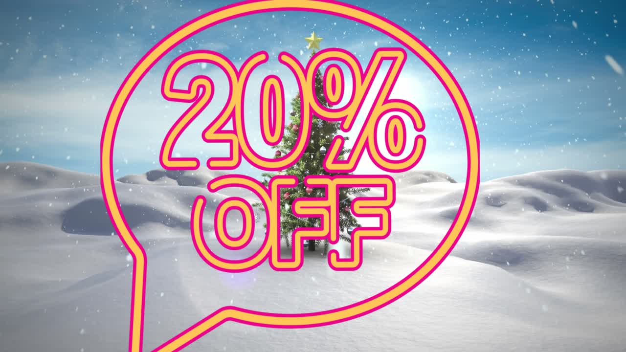 Animazione del testo "20% di sconto" su un albero di Natale e un paesaggio invernale
