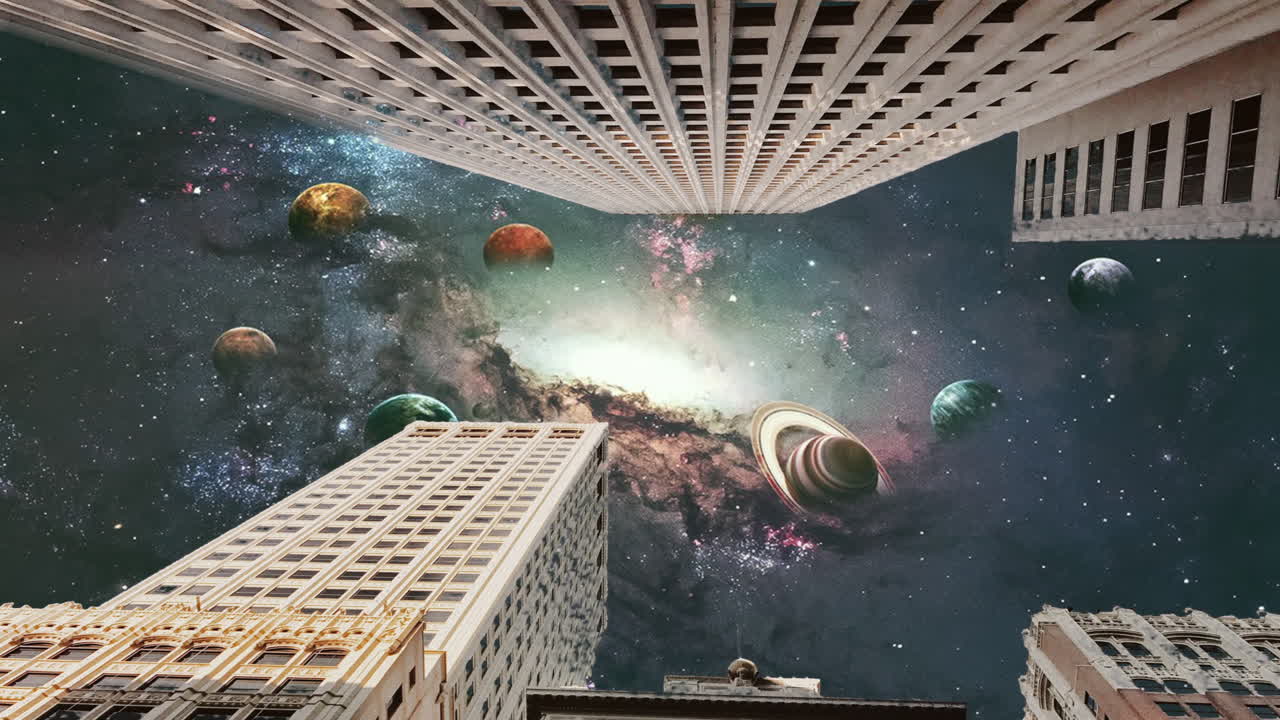 Sky replacement effect, buildings, skyscrapers, planets in space, dramatic abstract sci-fi astrophotography illustration, 3d cosmos astronomy background