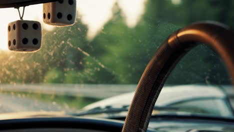 car interior with fuzzy dice and road view