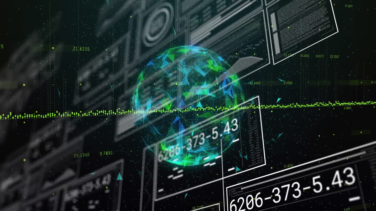 animación de gráfico y globo sobre círculos y barras de carga con gráficos sobre fondo negro