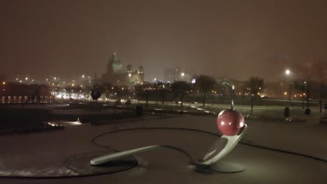 aerial view of a sculpture in downtown minneapolis, cinematic