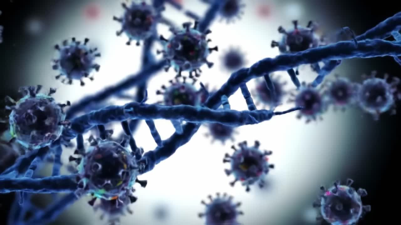 A Close-Up View of Viral Particles Intertwined with DNA Helix Structure, Illustrating the Intricate Relationship Between Viruses and Genetic Material