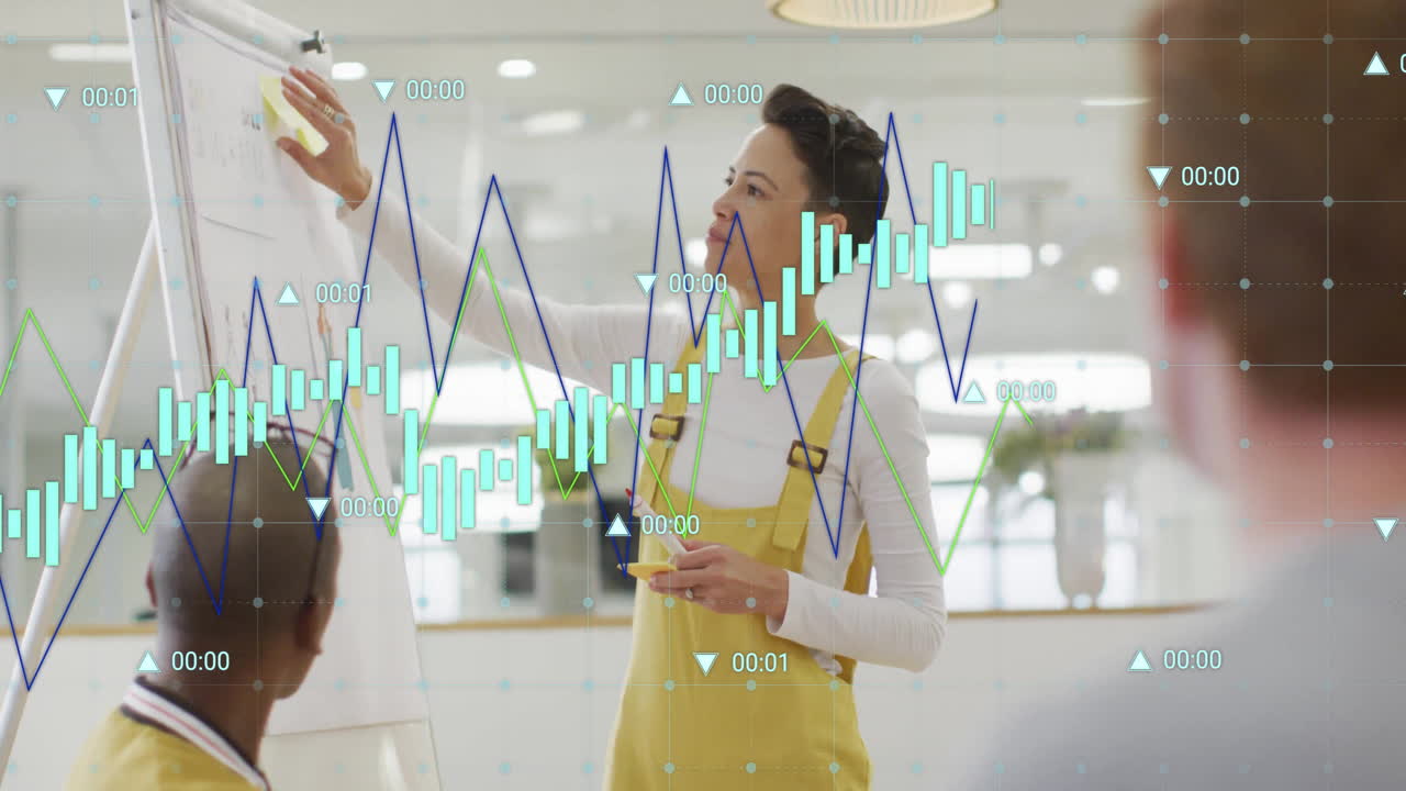 Animation eines Graphen, der Daten verarbeitet, über einer leger gekleideten Geschäftsfrau mit gemischtem ethnischem Hintergrund, die bei einem Büromeeting präsentiert.