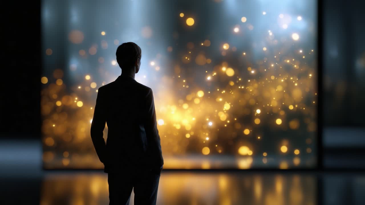Uma figura contemplativa se destaca em silhueta contra um cenário brilhante de luzes bokeh douradas, convidando à reflexão e à inspiração em uma exibição visual vibrante.