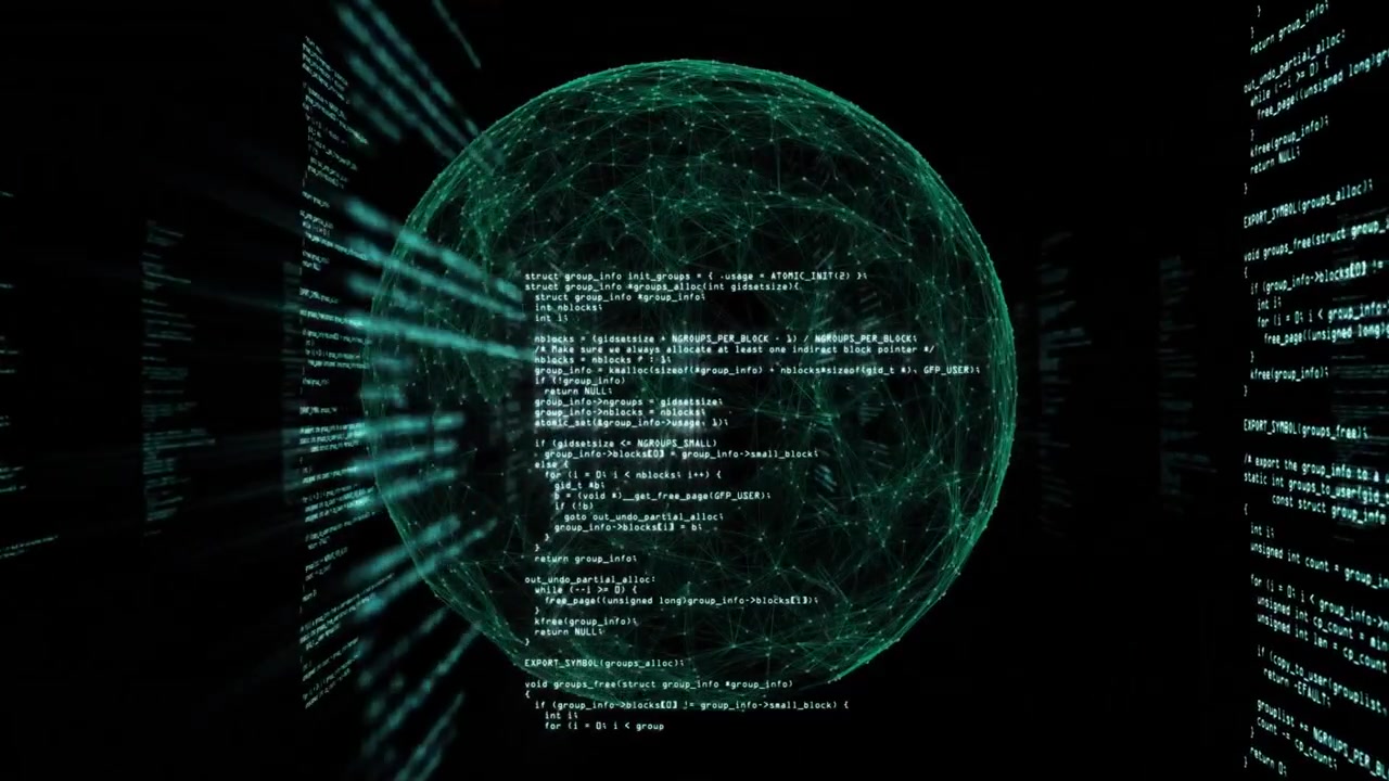 Materializing sphere initiating code scrolling on sphere and panels, rotating and showing data flow