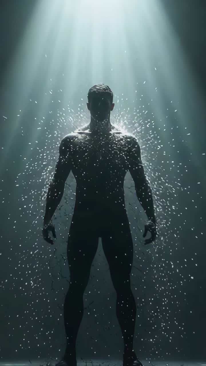 Vertical video: Shining spotlight illuminating muscular male figure in studio cascading droplets