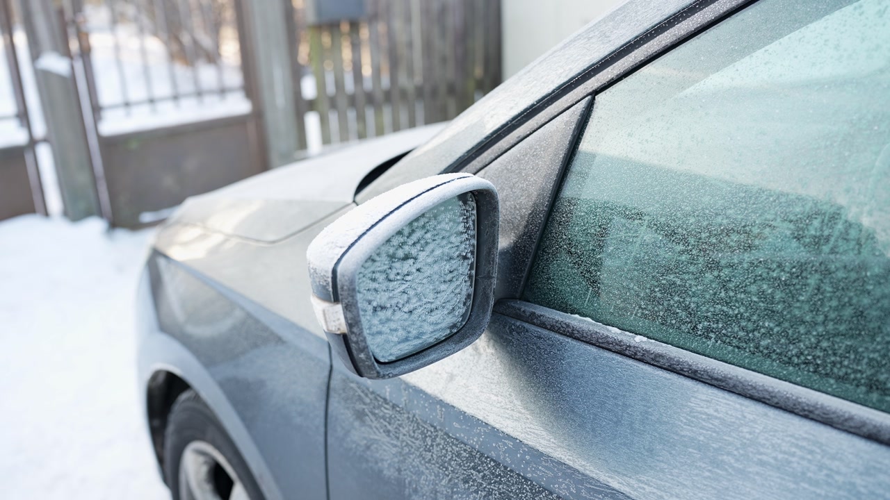 Side view of a parked car covered in frost with icy window and mirror, shot in a snowy driveway on a cold winter morning, showing frozen vehicle exterior and seasonal weather.